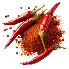 Red chili peppers on a pile of red chili pepper powder On transparent background