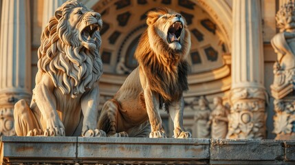 Real lion roaring alongside a stone lion sculpture against a classical architecture backdrop