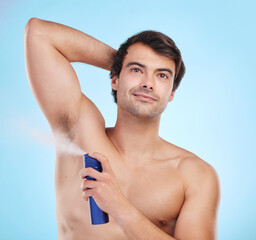 Grooming, man and deodorant in morning, routine and wellness in body care, hygiene and blue...