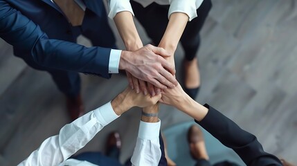 Business team putting their hands together, text space , top view ,