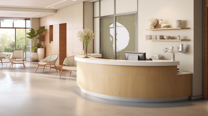 Dental Office Reception: Reception area of a dental office with a friendly receptionist greeting...