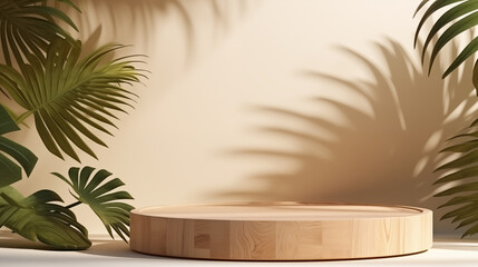 Wooden round podium with tropical leaves background for product presentation.