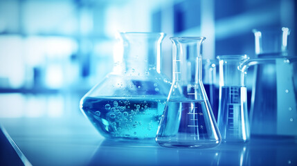 Beaker and flask glass in chemistry blue science laboratory background.