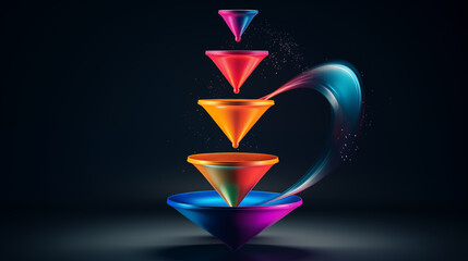 Colorful 3D funnel model flow 5 step, levitating on dark blue background.