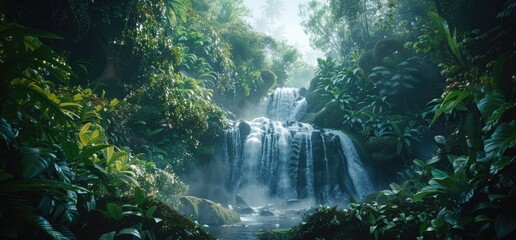 Scenic waterfall in front of a beautiful landscape, nature view, created with AI