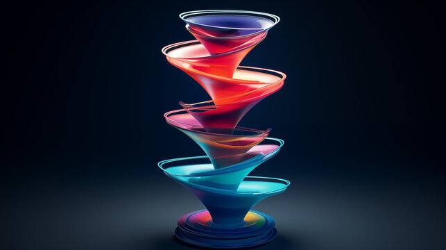 Colorful 3D funnel model flow 5 step, levitating on dark blue background.