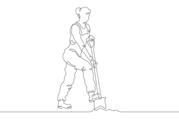 Woman farmer in overalls and boots. The female character is engaged in agriculture. Villager. Gardener. One continuous line. Line art. Minimum one line. White background. One line drawing.