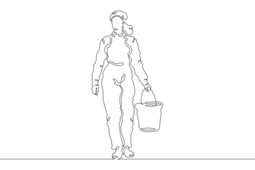 Woman farmer in overalls and boots. The female character is engaged in agriculture. Villager. Gardener. One continuous line. Line art. Minimum one line. White background. One line drawing.