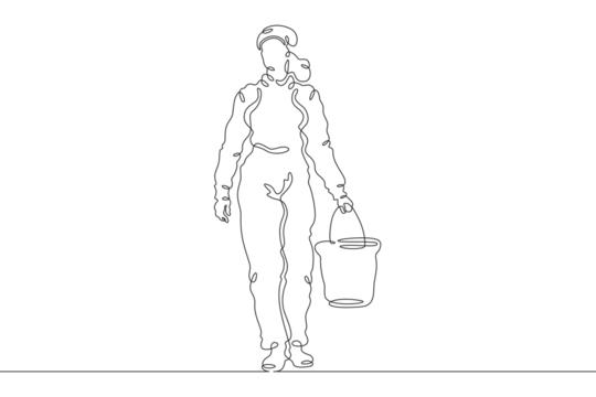 Woman farmer in overalls and boots. The female character is engaged in agriculture. Villager. Gardener. One continuous line. Line art. Minimum one line. White background. One line drawing.