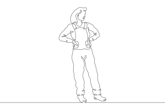 Woman farmer in overalls and boots. The female character is engaged in agriculture. Villager. Gardener. One continuous line. Line art. Minimum one line. White background. One line drawing.