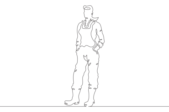 Woman farmer in overalls and boots. The female character is engaged in agriculture. Villager. Gardener. One continuous line. Line art. Minimum one line. White background. One line drawing.