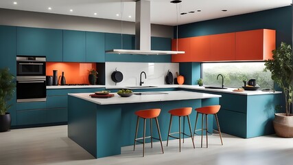 A modern kitchen design with sleek lines and a minimalist aesthetic, featuring a bold color palette and high-tech appliances.