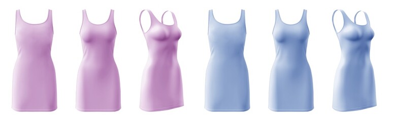 2 Set of pastel light blue purple bodycon sleeveless basic everyday tank tee dress round neck, front back side view on transparent background cutout, PNG file. Mockup template for artwork design
