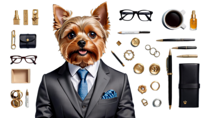 portrait illustration hand terrier dog yorkshire suit drawn animal art artwork baby beautiful beauty black bow character collar cool cute decor decorative design drawing element face fashion funny