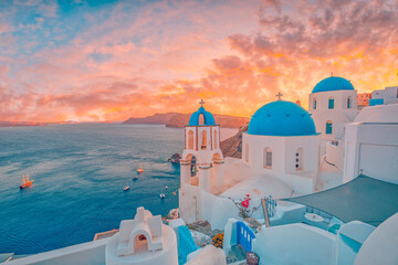 Europe summer destination. Traveling tourism, sunset scenic famous landscape of Santorini island,...