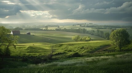 Fototapeta premium Rural scene featuring verdant farmland under overcast heavens