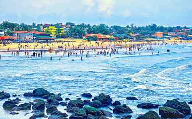 View of the crowded Baga beach in Goa, India