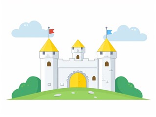 Naklejka premium Whimsical illustration of a fairytale castle with yellow towers on a green hill under a cloudy sky.