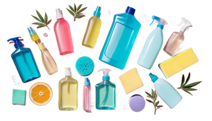 bright supplies bottles background sponge cleaning sprays service spring house cleaner set concept supply housekeeping domestic household bottle rubber chemical product clean equipment hygiene