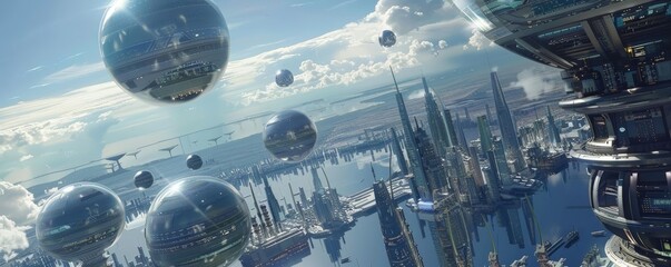 digital rendering of an orbital megacity with artificial gravity, featuring a black building and a large balloon in the foreground