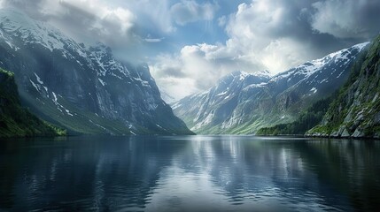 Fototapeta premium The Norwegian fjords, captured in the style of Turner's Romanticism, art style. copy space for text.