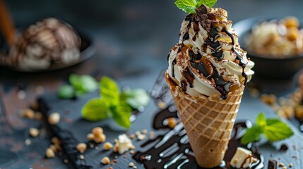 Delicious Ice Cream Sundaes with Vanilla, Chocolate and Strawberry 