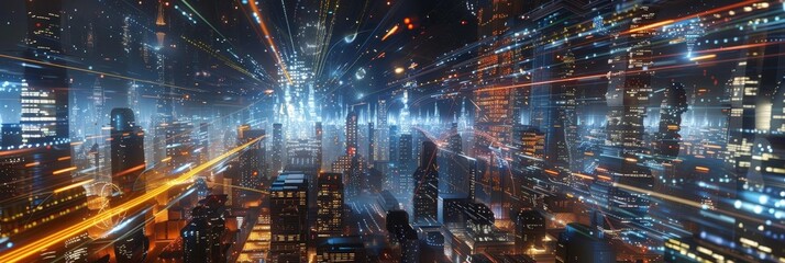digital visualization of a megacity with galactic hypernet links