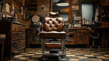 vintage barber chair in traditional barbershop. copy space for text.