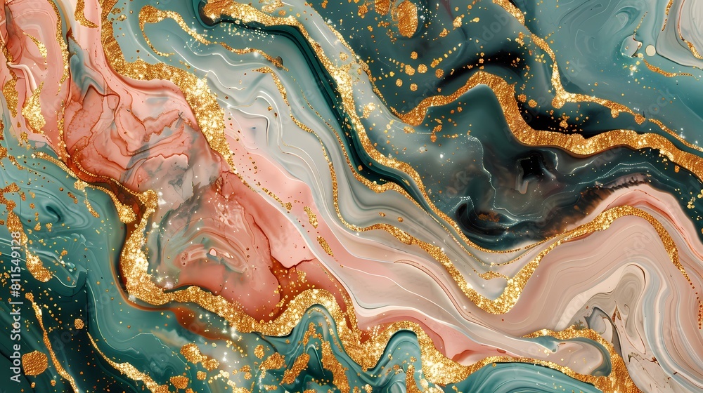 Wall mural Marbling art with a swirl of gold and teal hues