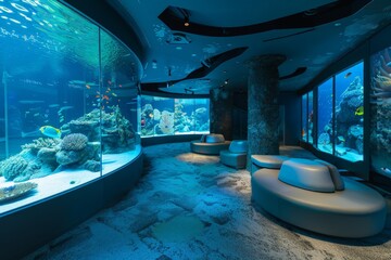 A bio-engineered aquarium lounge with genetically-modified marine life and interactive exhibits.