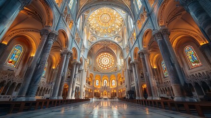 Fototapeta premium The US flag as a ceiling glass mosaic inside a historic cathedral, with detailed craftsmanship and sacred ambiance.