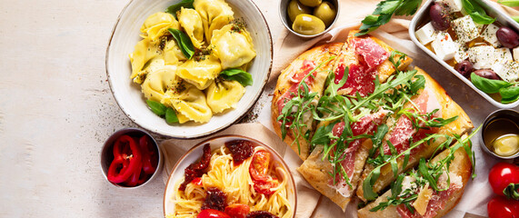 Assortment of Italian dishes. Traditional italian cuisine concept.