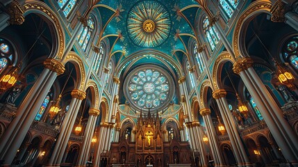 Fototapeta premium The US flag as a ceiling glass mosaic inside a historic cathedral, with detailed craftsmanship and sacred ambiance.