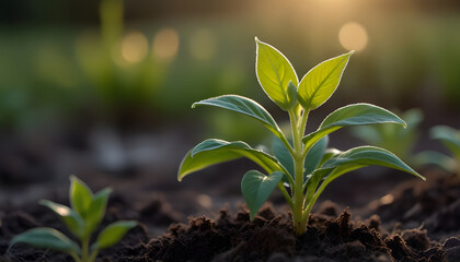 The soft glow of the morning light caresses the  a young plant, close up. Generative AI