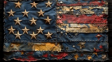 The US flag as a faded denim fabric, with stitches and patches adding character to the stripes and stars.