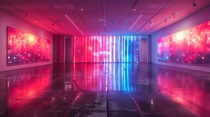Naklejka premium The US flag as a piece of neon art in an art gallery, with each stripe and star glowing differently, reflecting off polished floors.