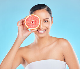 Woman, beauty and grapefruit with skincare glow from spa treatment and natural cosmetics. Model,...