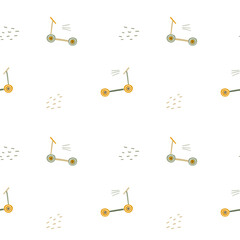 Doodle scooters. Simple cute seamless pattern in pastel colors for textiles and fabrics, wallpaper, wrapping paper for kids and babies