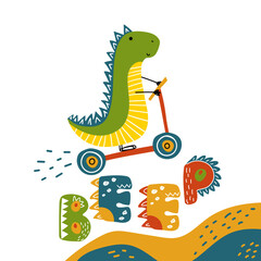 Dino rides a scooter on the word Beep. Print for kids. Illustration with a dinosaur for cards, posters, t-shirts