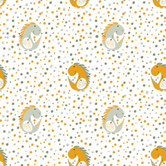 Cute dinosaurs print. Kids seamless pattern with dots in pastel colors. For nursery, wallpaper, baby clothing, packaging, wrapping paper