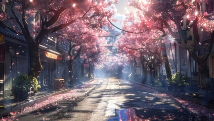 a street in animation with pink cherry blossom trees