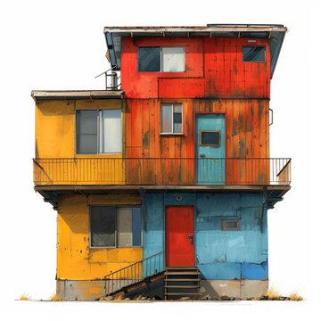 Colorful rundown apartment building with a blue door.