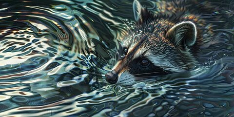 close up of the face and body of an elegant raccoon, swimming in crystal clear water with ripples around it, generative AI