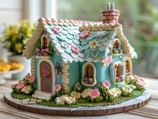 A cake with a blue house and flowers on it.