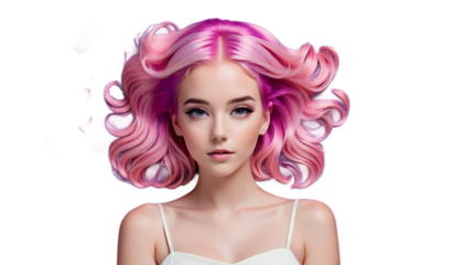 woman beautiful portrait pink hair purple background smile cheerful cute happy pretty fun 1 person beauty attractive girl face people young casual attire versatile denim fashion trendy summer