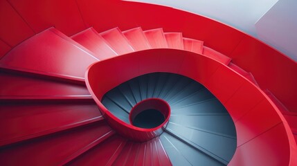 Overhead view from the top of a red staircase in a modern office building, aesthetic look