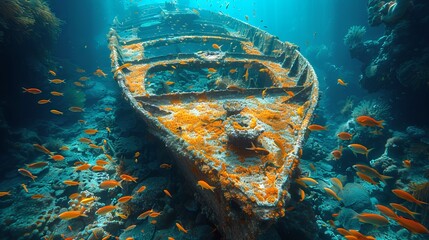 A boat is sunk under the water with fish.