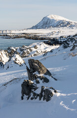 The rugged shores of Barents Sea on a cold and sunny winter day, Berlevåg, Varanger Peninsula, Norway