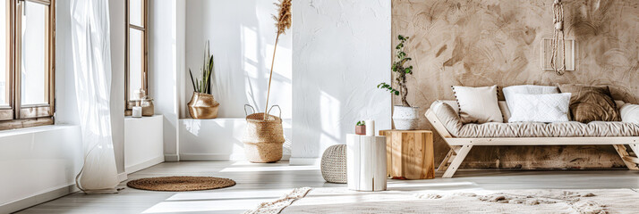 Minimalist interiors design in Scandinavian style with minimal decor and copyspace