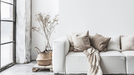 Minimalist interiors design in Scandinavian style with minimal decor and copyspace